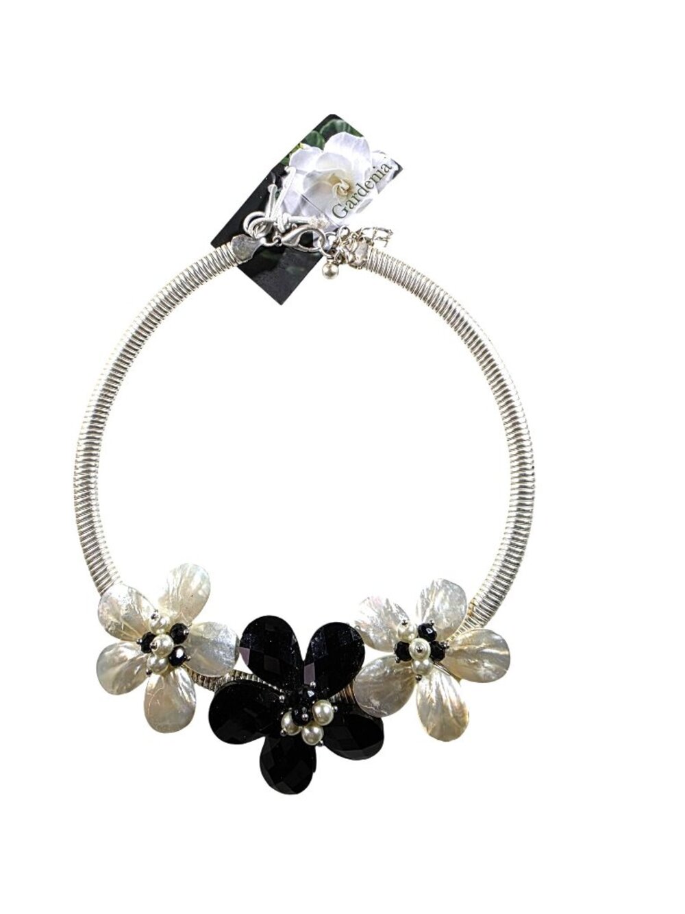 Statement Necklace Gardenia Pearl Black Flower floral MOP fairycore boho jewelry